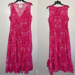 FIGUE Dress Womens Large Pink Cotton Sleeveless Indira Maxi Cinch Waist Pockets